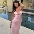 V-neck Cut Out Lace-Up Spaghetti Strap Dress For Women Summer Beach Long Dress Fashion Sexy Sleeveless Slim Gown Clothes