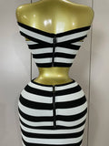 Sexy Off Shoulder Striped Button Two Piece Mini Bandage Set 2025 Women Celebrity Designer Evening Party Luxury Birthday Outfit