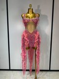 Shining Rhinestone Tassel Mesh See Through Dress Singer Outfit Women Evening Party Brthday Club Stage Performance Outfit