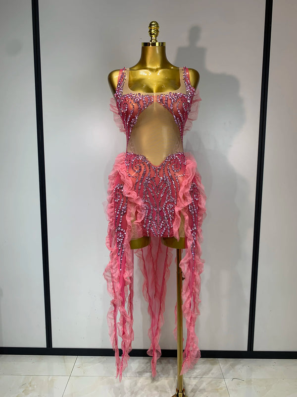 Shining Rhinestone Tassel Mesh See Through Dress Singer Outfit Women Evening Party Brthday Club Stage Performance Outfit