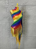 Luxurious Rainbow Fringe Dress with Rhinestone Detail and Single Sleeve Ideal Nightclub Women Carnival Party Rave Outfit