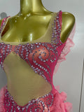 Sexy Mesh Ruffle See-Through Pink Mini Dress Women Sparkly Rhinestone Evening Gown Show Girl Night Club Star Performance Costume