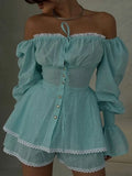 Two Piece Set for Women Square Collar Lantern Sleeve Patchwork Lace Up Slim Top High Waist Shorts Sheer Suit Female