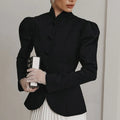 French Elegant Retro Black Blazer for Women Stand Collar Puff Sleeve Slimming Commuter Coats Female Winter Clothing