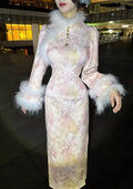 Autumn and Winter Thick Style Gentle Wool Cheongsam Dress Qipao Dress Pink Flower High-end Women'sTraditional Chinese Clothing