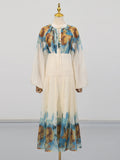 Vintage Loose Two Piece Set for Women V Neck Puff Sleeve Spliced Lace Up Top High Waist Fold Printing Skirt Suit Female New