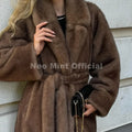 Belted Faux Mink Fur Coat Women 2026 Winter Beige Gradient Furry Fur Jacket Luxury Brand Hooded Warm Outerwear Overcoat