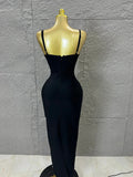 Sophisticated Black Bandage Midi Dress Women Spaghetti Strap Sweetheart Neck Rhinestone Emerald  Bodycon Evening Gown