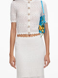 Summer Edge Date White Hollow Knit Two Piece Set for Women Button Accent Crop Top Mermaid Skirt Outfit for Casual Daily Wear