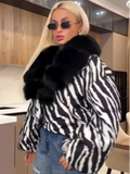 Zebra Print  Fur Collar Puffer Jacket Womens Button Down Trendy Warm Coat Fall Winter Party Club Streetwear Cozy Daily Outerwear