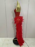 Sparkly Rhinestones Feathers Long Tail Bodysuits Sexy Mesh Transparent Stage Dress Evening Party Celebrate Luxury Birthday Dress