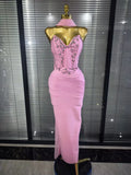 3 Colors Women Sexy Strapless Shining Crystal Bodycon Long Bandage Dress Evening Party Celebrate Elegant Cocktail Outfit