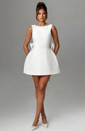 Chic Pearl Bow Short Dress for Women Backless Casual Mini Dresses White Black Pink Wedding Guest Summer Bridesmaid Robe Birthday
