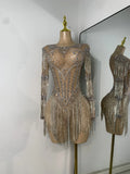 Sparkly Rhinestones Fringes Tight Bodysuit Women Sexy Mesh See Through Performance Stage Outfit Luxury Birthday Party Wear