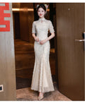 Wedding Dresses Mermaid Long Sleeves Mesh Lace Floral Chesongam Women Elegant Vestidos Stand Collar Chinese Style Dresses