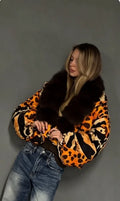 Zebra Print  Fur Collar Puffer Jacket Womens Button Down Trendy Warm Coat Fall Winter Party Club Streetwear Cozy Daily Outerwear