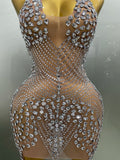 Sexy Sparkly Rhinestones Halter Backless Mesh Velour Short Dress Women Evening Prom Celebrate Birthday Party Stage Wear