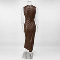 Sleeveless Leather Maxi Dress For Women Tight Pleated Sexy Hip-Hugging Dress Vestido Solid High Waist Party Female Dress