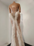 Women Birthday Evening Celebrate Party Nightclub Stage Wear Sexy Sparkly Diamonds Tassel Strapless Mesh See Through Long Dress