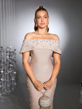 Women Sexy Off the Shoulder Pearl Bead Diamond Bodycon Long Bandage Dress Nightclub Party Evening Birthday Celebrate Wear