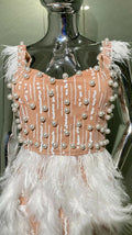 2026 Women's Heavy Industry Beaded Feather V-neck Waist-cinched Short Dress Luxury Haute Couture Party Evening Performance Gown