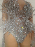 Sexy Sparkling Crystal Bodysuit Long Sleeve See Through Mesh JumpsuitEvening Party Bar Dancer Stage Wear For Female Singer