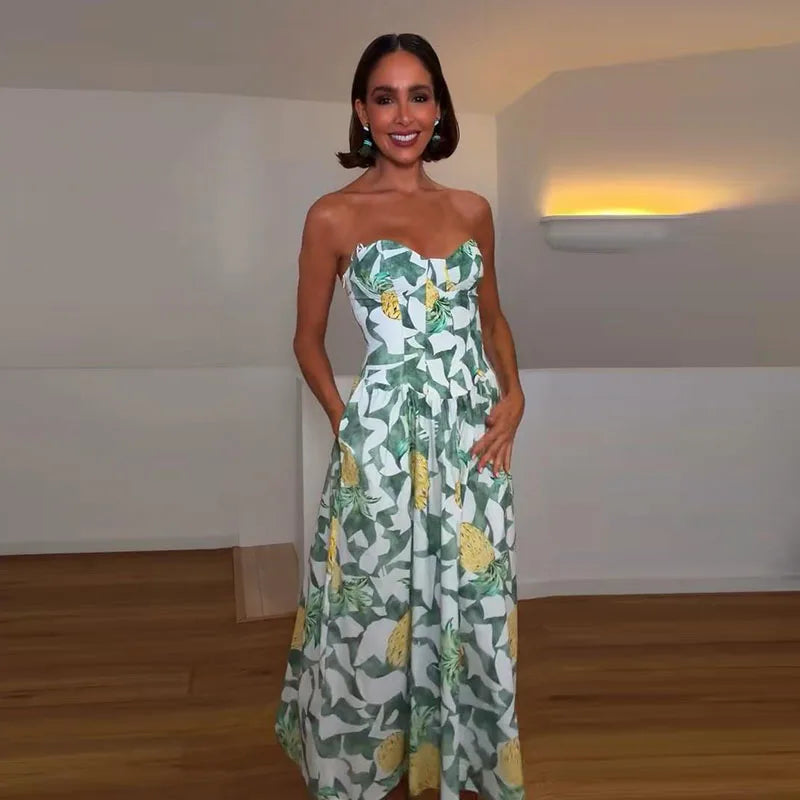 Print Women Dress Strapless Camisole Dress High Waisted Floral Dress Slimming Design Fashion Wear Daily Style
