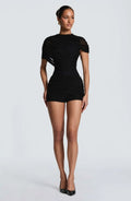 Ladies Bodycon Mesh Ruched Romper Asymmetric Draped Shoulder Mock Neck Short Jumpsuit Slim Fit Wrap Hem Cocktail And Clubwear