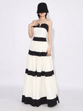 Elegant Colorblock Patchwork Bow Dresses For Women Strapless Sleeveless High Waist Formal Long Dress Female Wedding Gowns