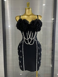 Black Color Women Sexy Strap Pearl Beading Bodycon Mini Bandage Dress Florals Celebrate Nightclub Party Cocktail Outfit