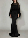 Formal Feather Cape Sleeve Maxi Dress for Women O Neck Spaghetti Strap Floor Length Long Evening Prom Cocktail Party Gown