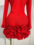 Sexy 3D Red Black Rose Flowers Mesh Long Sleeve Bandage Mini Dress Evening Prom Birthday Party Photo Shoot Cocktail Party Dress