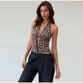 Women's Leopard Sequin Halter Cami Top Fashion V-neck Sleeveless Backless Slim Tank Blouse Lady 2026 Summer Sexy Y2k Streetwear