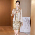Classic Champagne Golden Mother Bride Cheongsam Dresses Chinese Embroidered Wedding Evening Dress for Women Party