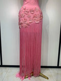 Women Sexy Strapless Pink Flower Tassel Bodycon Bandage Dress Elegant Evening Club Party Luxury Birthday Cocktail Prom Dress