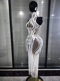 White Shining Rhinestones Women Sexy Off the Shoulder Mesh See Through Bodycon Long Dress Nightclub Party Performance Costumes