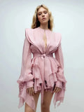 Fashion Women Ruffles Short Dress Elegant O-Neck Lace Up Lantern Long Sleeve Mini Vestido Chic Female 2025 Solid Dresses