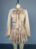 New Women's Skirt Two Piece Set Chiffon Bow Tie Top High Waisted Drawstring Mini Dress Suit Ladies Sexy See Through
