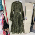 Elegant Vintage Green Lace Midi Dress for Women High Neck Sheert Flare Sleeve Belted Waist Desgin for Luxury Dinners Party