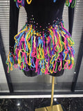 Colorful Draped Shining Rhienstones Women Long Sleeve Sexy Mesh Bodycon Mini Dress Nightclub Bar Singer Party Performance Wear