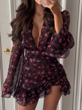 Elegant Flora Painted Ruffle Mini Dress Women Sexy Full Sleeve Deep V-neck Slim Short Robe 2026 Summer New Lady Party Club Wears