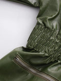 Simpel Basics Patchwork Belt Leather Jacekt for Women Lapel Long Sleeve Spliced Zippers Casual Office Coats Female