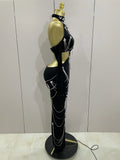 2025 Women Sparkly Diamonds Tassels Chain Balck Sexy Halter Backless Long Dress Evening Birthday Party Celebrate Stage Costume