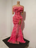 Women Strapless Mesh Ruffled Slit Long Dress Sparkly Diamond Birthday Evening Party PhotoShoot See Through Nightclub Stage Wear