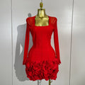 Women Sexy Red 3D Rose Flowers Bandage Mini Dress Mesh Long Sleeve Evening Prom Birthday Party Photo Shoot Cocktail Party Dress