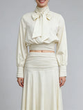 Elegant Chic Apricot Two Piece Set for Women Scarf Collar Puff Sleeve Blouse Midi Waist Flowy Skirt for Office Formal Events