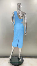 Flower Beads Glam Hollow Waist Slanted Shoulder Blue Dress Fashion Elegant Party Bandage Stage Performance Dress Vestido De Gala