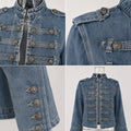 Cropped Denim Jacket Women Stand Collar Bell Sleeves Double Breasted Splicing Retro Fashion Biker-Style Coat Autumn 2026