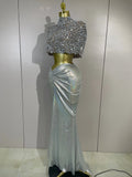 Luxury Sparkly Diamond Shawl Top And Long Dress Two Pieces Set Women Evening Prom Birthday Party Photo Shoot Sexy Stage Costumes