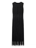 Solid Spliced Tassel Dresses Suit for Women O Neck Sleeveless High Waist Long Dress with Sling Two Piece Set Female